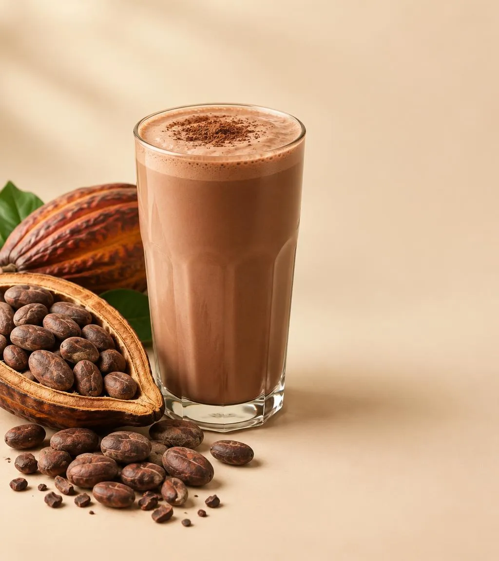 Vaso de bebida cremosa sabor chocolate junto a granos y mazorca de cacao
